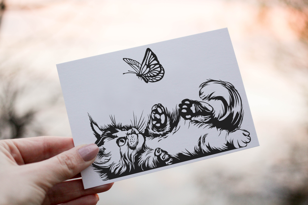 Cat & Butterfly Birthday Card, Cat Birthday Card
